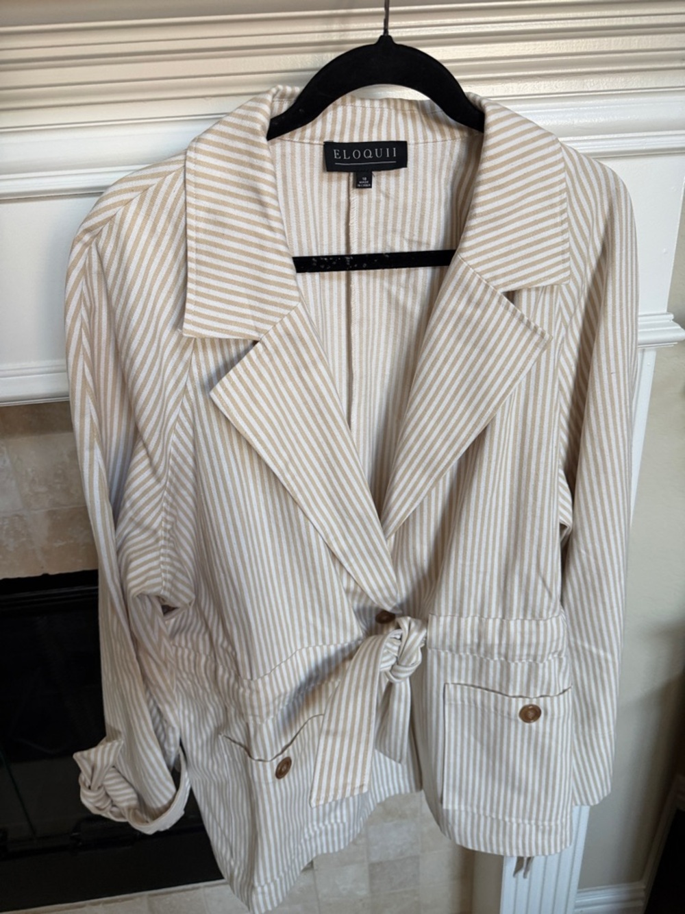 Eloquii Cream and White Striped Tie-Waist Blazer Sz 18